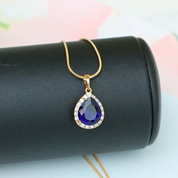 "Teardrop Deep Blue Pendant with Crystal Halo in Rose Gold Finish, XPPT1617 - Picture 3 of 13